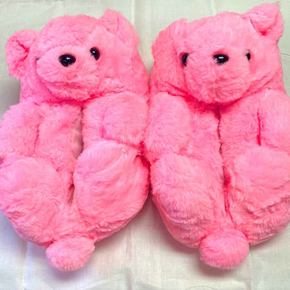 Hot pink Teddy bear indoor slippers. Fur, fuzzy comfortable bear slippers